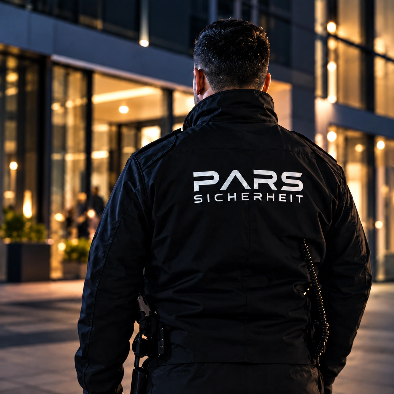PARS Sicherheitsmitarbeiter vor einem bewachten Gebäude